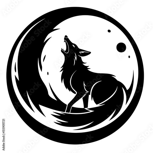 Black and white howling wolf moon vector illustration