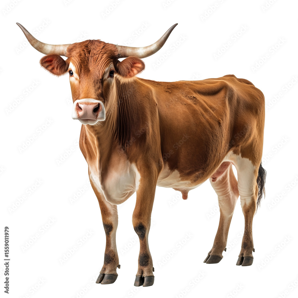 Naklejka premium A reddish brown bull stands against a black background showing its large horns and body details