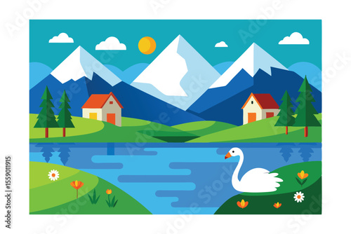 Serene Mountain Lake Scene with Majestic Swan A Peaceful Landscape Illustration