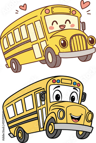 Two yellow cheerful cartoon school buses, back to school bus.