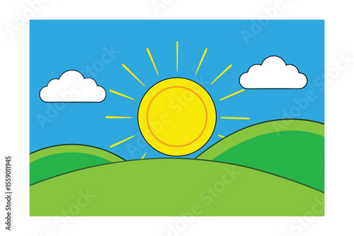 Sunny Day Landscape Hills, Sun, and Clouds Illustration