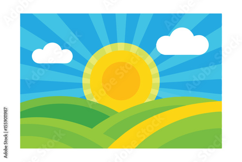 Sunny Day Landscape Rolling Hills and Bright Sun