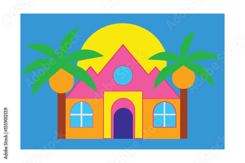 Vibrant Tropical House Illustration Sunset Paradise