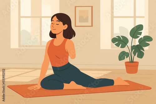 Young Woman with Partial Arm Difference Doing Yoga on Mat Bright Studio Flat Vector Illustration