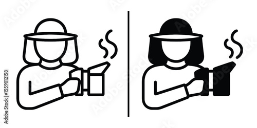 Beekeeper and Smoker: An illustration depicting a beekeeper in protective gear, utilizing a smoker. The image emphasizes the tools and attire used for beekeeping and honey production.