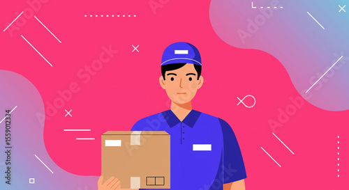 A male delivery person in a blue uniform holds a package, depicted in a modern flat illustration against a vibrant abstract background, symbolizing quick delivery service.