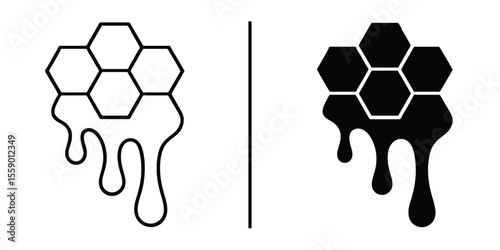 Honey Comb Icon in Illustration style : A honey comb illustration split by a straight line, depicting two visual styles in stark contrast against a solid black background. One side with outlines.