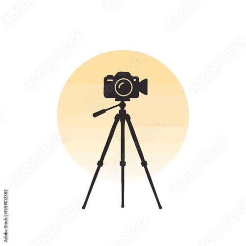 Silhouette of Camera on Tripod with Sunrise Circle, Flat Vector