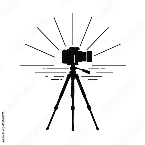Tripod and DSLR Camera Silhouette with Sun Rays, Flat Icon