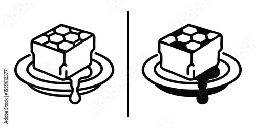 Honeycomb and honey Illustration: A delicious piece of honeycomb, dripping with golden, glistening honey, rests on a pristine plate, this image features simple lines and shapes.