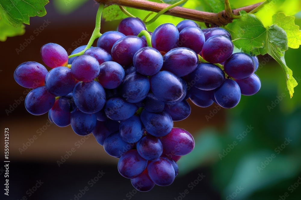 Fototapeta premium Juicy clusters of ripe grapes hanging from a vine under warm sunlight in a vineyard