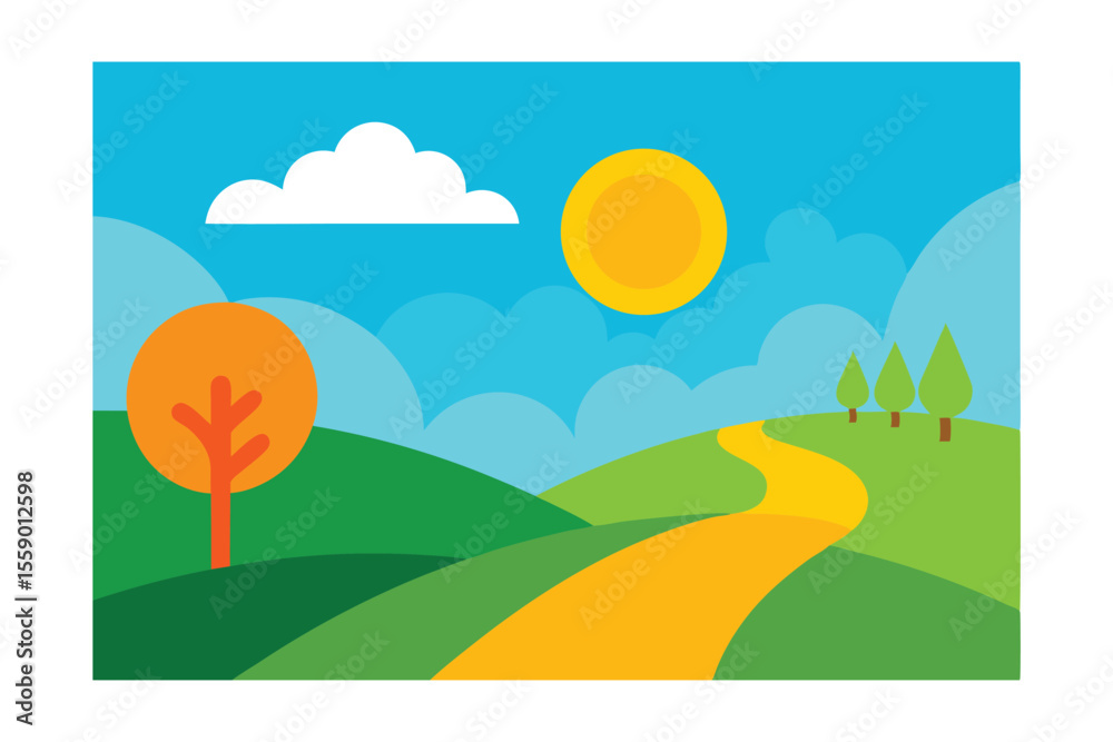 Obraz premium Sunny Hills, Winding Road, Scenic Landscape Illustration