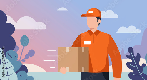 Delivery man in orange uniform holding a package against a pastel-colored background with stylized trees, representing fast and reliable shipping services.