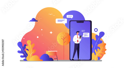 a man standing next to a phone with a speech bubble