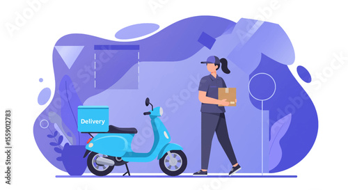 A female delivery person in uniform stands next to a blue scooter, holding a package, ready for fast and efficient e-commerce delivery.