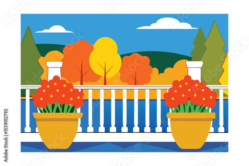 Autumnal Balcony Scene Colorful Flowers and Fall Foliage