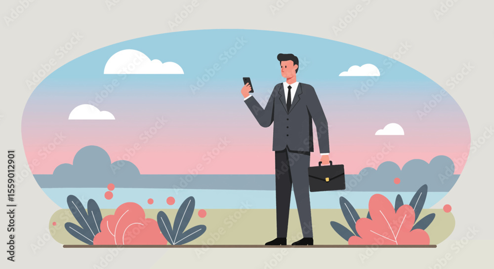 Obraz premium a man in a suit is standing on a hill and looking at his phone
