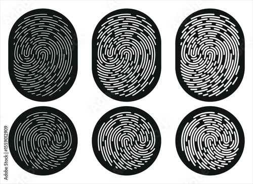 A collection of six fingerprints, arranged in two rows of three, displays abstract representations of identity and individuality against a stark white backdrop. 
