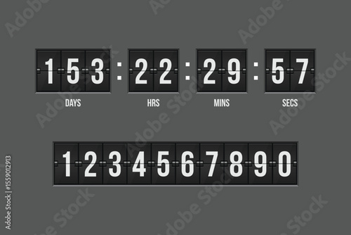 A digital flip clock displays a countdown of 153 days, 22 hours, 29 minutes, and 57 seconds. Additional numbers are displayed below, ranging from 1 to 0.