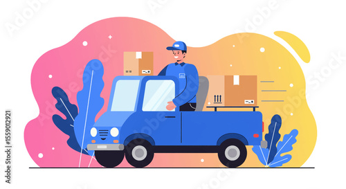 A delivery person in uniform is driving a blue truck loaded with packages. Suitable for landing page, banner, marketing, web design, presentation, infographic, etc.