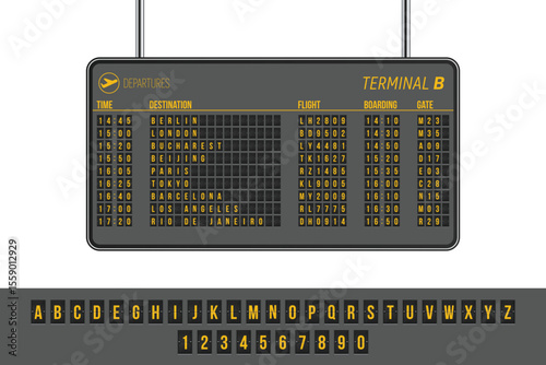 An airport departures board shows flight details including time, destination, flight number, boarding time, and gate number for cities such as Berlin and London.