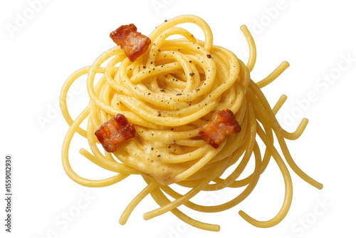 Delicious spaghetti carbonara pasta isolated on transparent background, top view