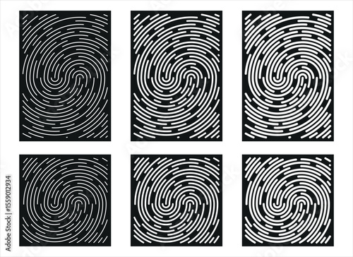 A collection of six abstract patterns with swirling line designs, resembling fingerprints. Each design is unique and set against a contrasting black background. 
