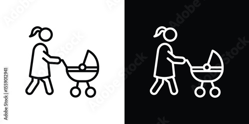 Woman with Baby Stroller icon in thin stroke and flat style.