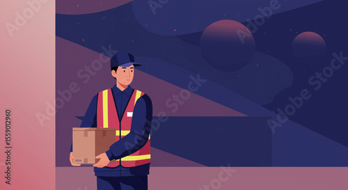 a delivery person in a high-visibility vest carrying a package. Suitable for landing page, banner, marketing, web design, presentation, infographic, etc.