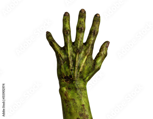	Greenish zombie hand reaching upward, isolated on white.