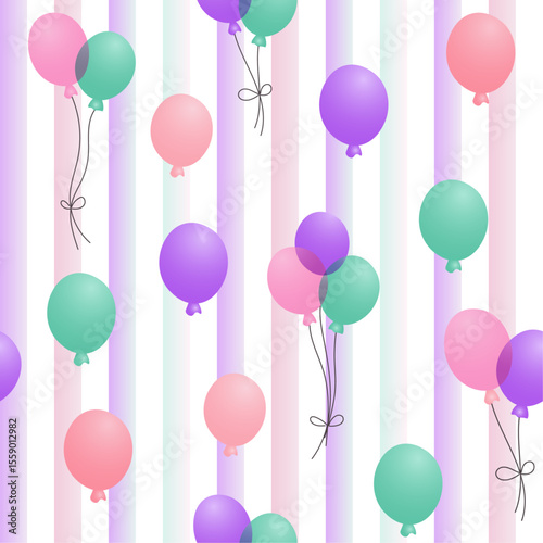 happy birthday seamless pattern with balloons in pastel colors on color strips background. Birthday wrapping paper print