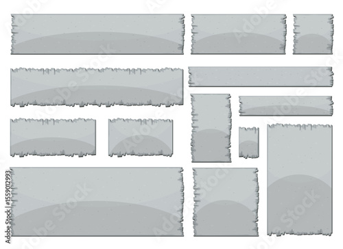 A collection of grey, textured banners with ripped edges. Various sizes and shapes create diverse design options for web layouts, presentations, or user interfaces.