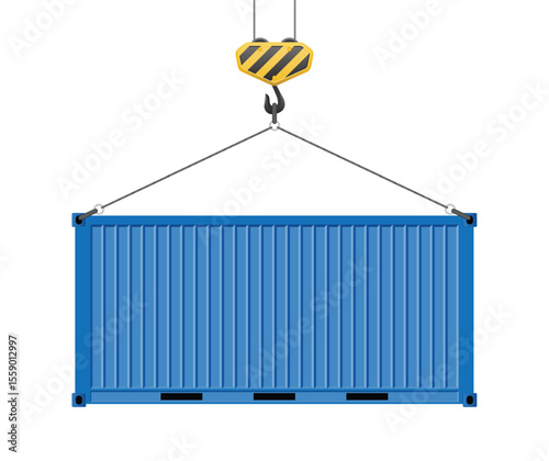 Illustration of a blue shipping container being lifted by a crane.  The container is suspended in the air against a white background. The crane hook is yellow with black stripes.