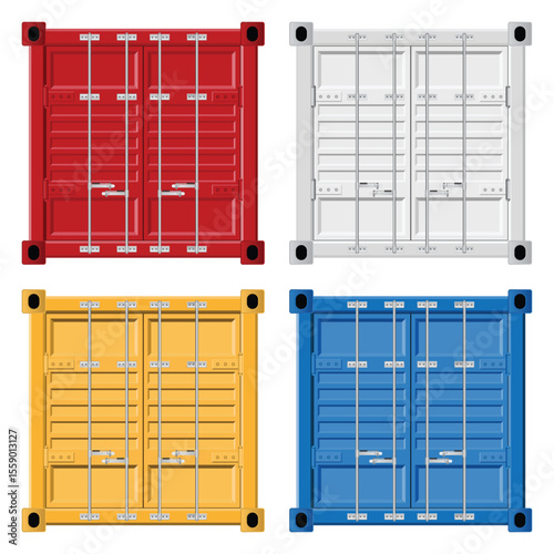 A vibrant arrangement of four shipping containers in red, white, yellow, and blue hues, standing side by side, isolated against a pristine white backdrop. 