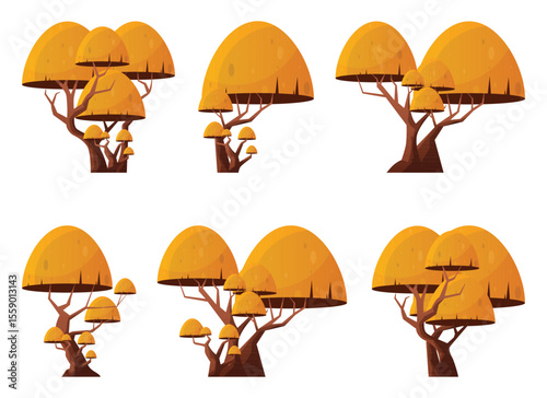 A digitally illustrated collection of six autumn trees, each sporting bulbous orange canopies and brown trunks, presented against a clean, white background for clarity.