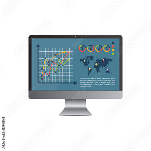 A computer monitor displays business data visualizations, including a graph, world map, and text for analysis and decision-making in a business setting. 