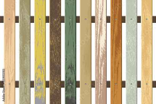 A weathered fence composed of vertical planks painted in various colors creates a rustic textured backdrop. The planks are held together with horizontal supports.