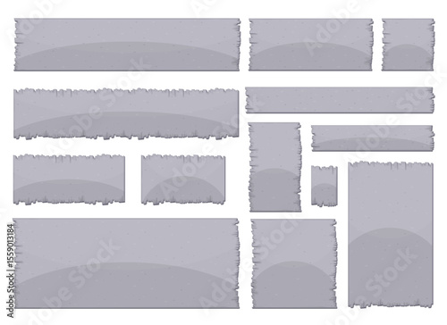 A collection of grey banners and signs with rough, torn edges. The set includes various rectangular shapes, great for game interface elements or creative designs.