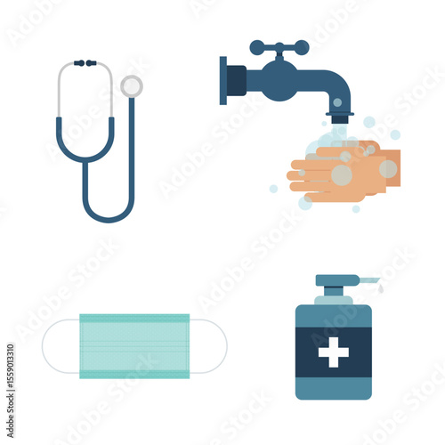A flat vector image displaying hygiene and medical tools including a stethoscope, hand washing, sanitizer, and a face mask, against a clean white background. Concept art.