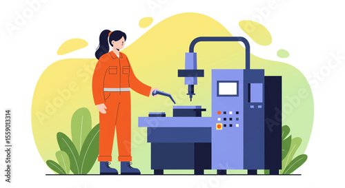 a woman in an orange jumpsuit operating a machine with a control panel. Suitable for landing page, banner, marketing, web design, presentation, infographic, etc.