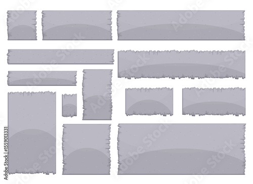 A collection of grey torn paper sheets of various sizes and forms scattered on a white backdrop, with a textured appearance, adding a graphic element to the scene.