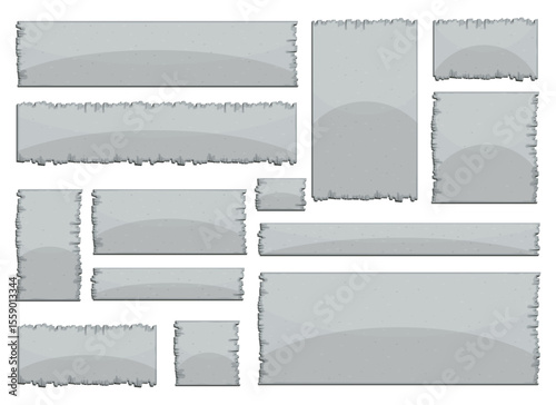 Collection of gray banners and plates in various shapes and sizes, all featuring a rough stone texture with rocky, jagged edges. Isolated against a clean, white background.