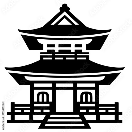 Black and white vector illustration of a traditional Japanese temple