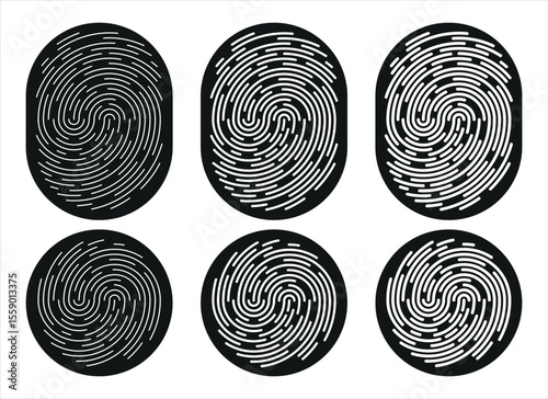 A set of fingerprints is artfully displayed with unique swirl patterns against a stark white background. The illustration uses black and white to emphasize individuality.