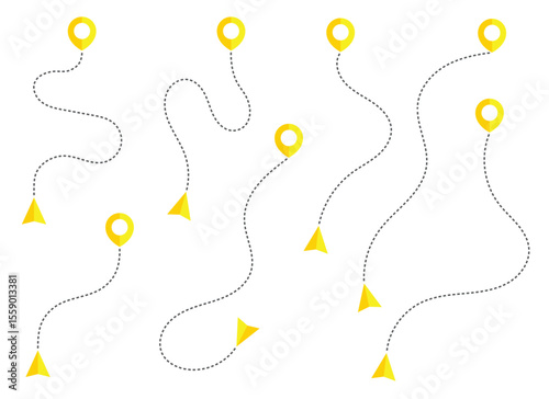A graphic showing a white background with multiple dotted paths leading from a yellow marker to a destination indicated by a yellow arrow, showing routes and directions.