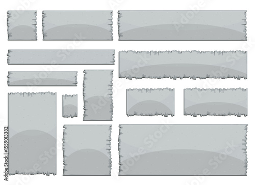 Various grey banners are presented on a white background. The banners appear to be made of torn paper, featuring an abstract wavy pattern. They are of different lengths and sizes.