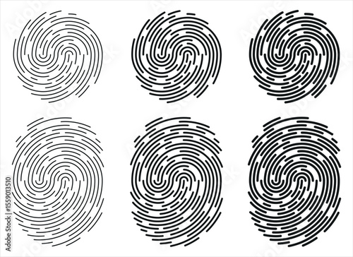 A set of six fingerprint images, each with unique patterns and variations, arranged against a clean white background. They are depicted using black line art.