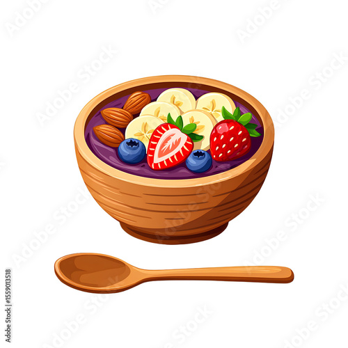 A wooden bowl filled with açaí smoothie topped with fresh fruits and nuts on white background , transparent background , no background