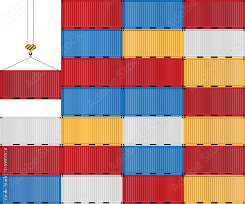 Various colored cargo containers are stacked high. A crane is lifting a red container.  The containers are arranged tightly and are red, blue, white and yellow.