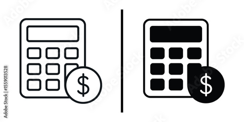 Calculator Icons: Two simple, versatile calculator icons, one in line art and one in solid black, both accompanied by a dollar coin symbol, perfect for financial or business applications.